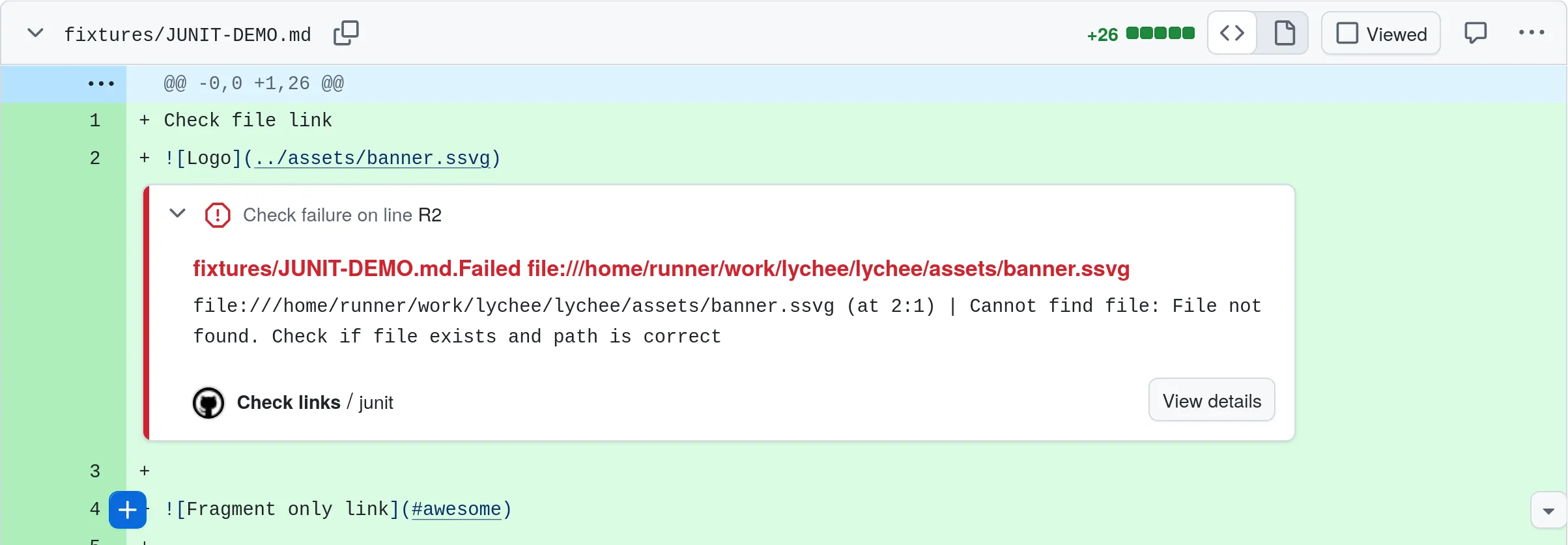 The PR diff view showing an annotation on line 2 of JUNIT-DEMO.md, indicating a failed link check on that line